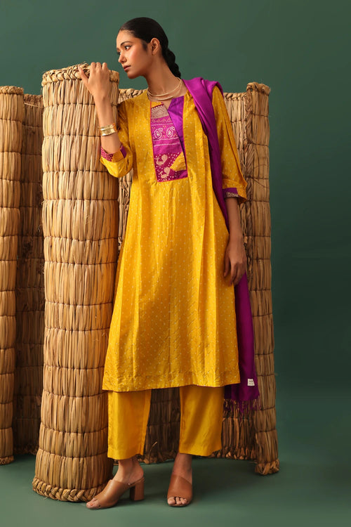 Mustard Patchwork Bandhani Suit Set