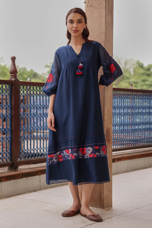 Indigo Bloom Pintuck Dress