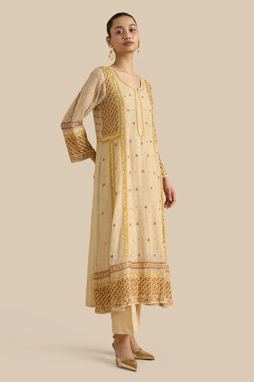 Kalidar Set Crafted With Chikankari Threadwork In Shades Red And Yellow