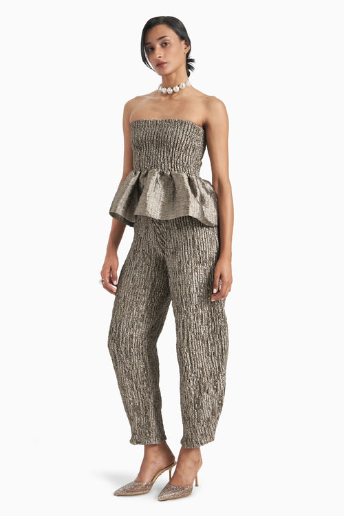 Silver Strapless Babydoll Top With Sculpt Pants