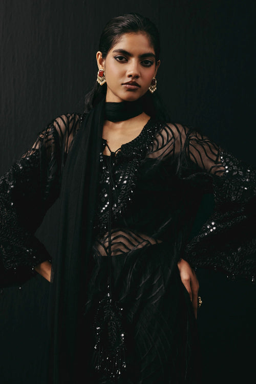 Short Mirrorwork V Neck Kurta with Dola Silk Bandeau and Cigarette Pants