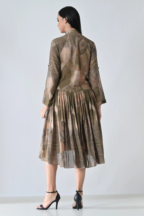Beige Earth Muse Gathered Waistline Printed Dress