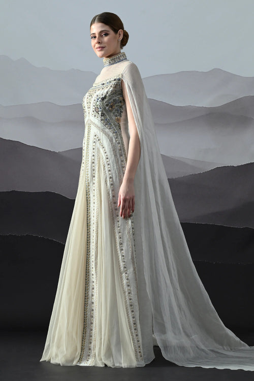 Ivory High Neck Gown With Handworked Panelled Embroidery