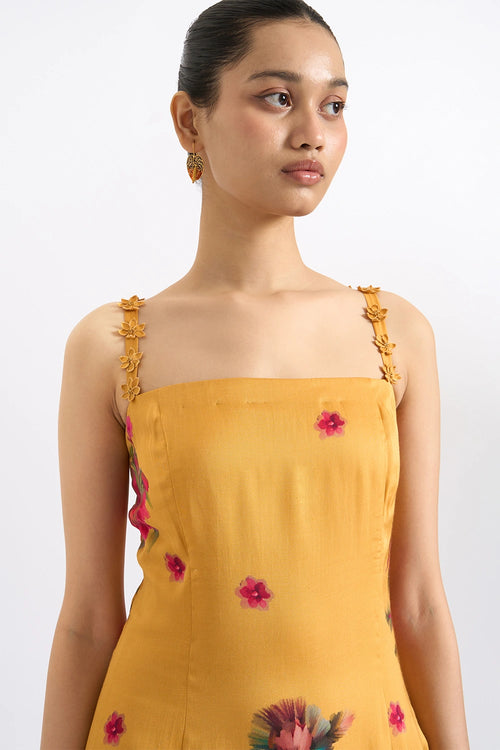Mustard Blossom Strappy Midi Dress