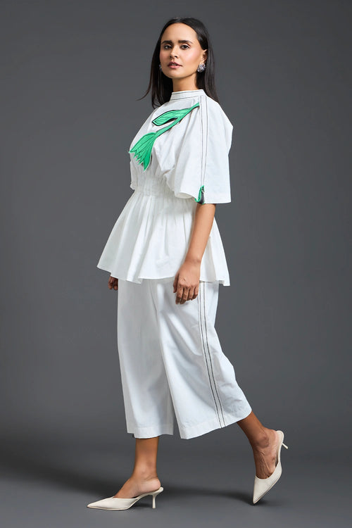 White Smocked Floral Peplum Co-ord Set