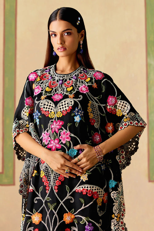Black Floral Threadwork and Beadwork Kaftan