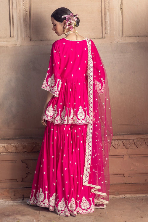 Hot Pink all-over Embroidered Tower Sharara with Dupatta