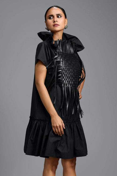 Black Sculptural Dress with Woven Leather Front Panel
