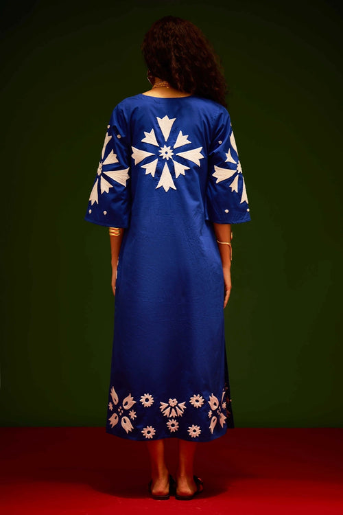 Blue Cotton Maxi Dress with Thread Embroidery
