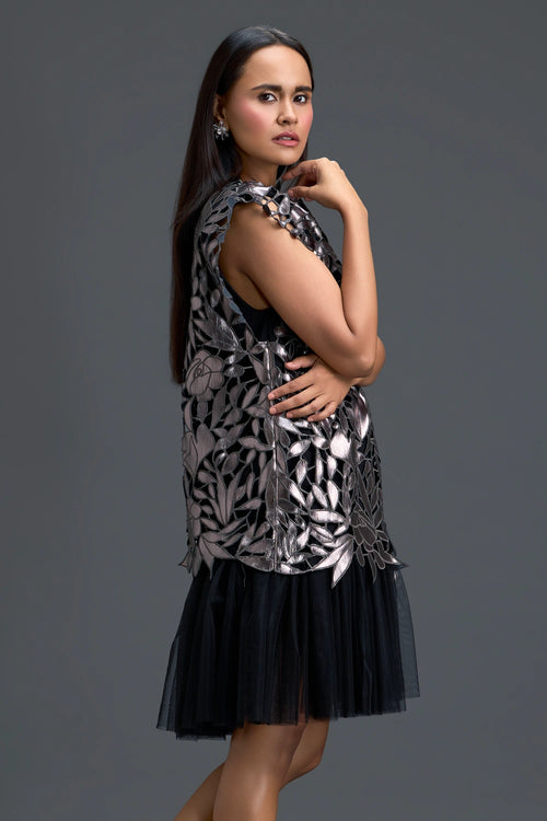 Black Tulle Dress with Metallic Floral Appliqué