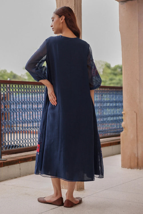 Indigo Bloom Pintuck Dress