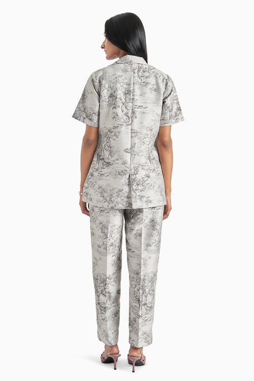 Grey Silk Jacquard Blazer And Pants Set