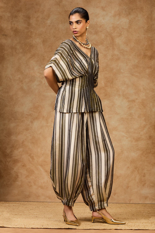 Olive Striped V-Neck Top And Pants Set