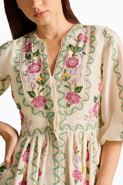 Ivory Floral Vines Midi Dress