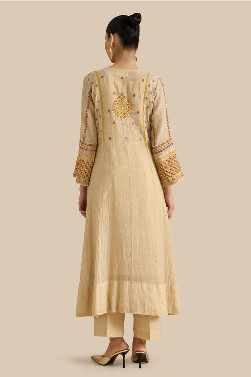 Kalidar Set Crafted With Chikankari Threadwork In Shades Red And Yellow