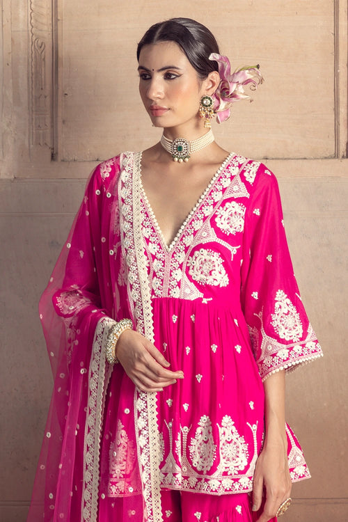 Hot Pink all-over Embroidered Tower Sharara with Dupatta