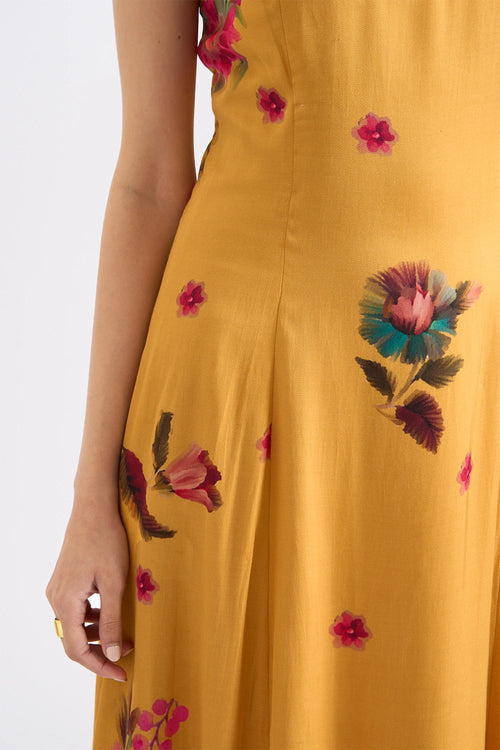 Mustard Blossom Strappy Midi Dress