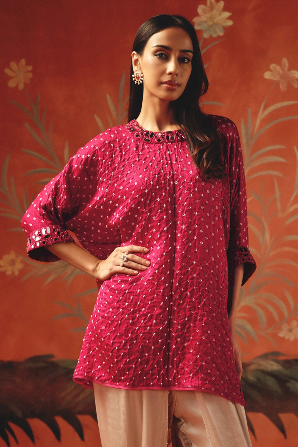 Wild Berry Bandhani Tunic Top with Ivory Tulip Dhotis