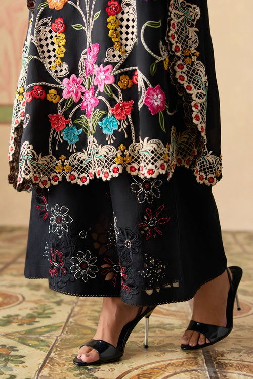 Black Floral Threadwork and Beadwork Kaftan