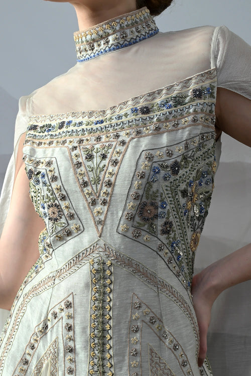 Ivory High Neck Gown With Handworked Panelled Embroidery