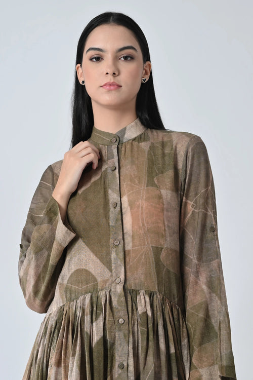 Beige Earth Muse Gathered Waistline Printed Dress