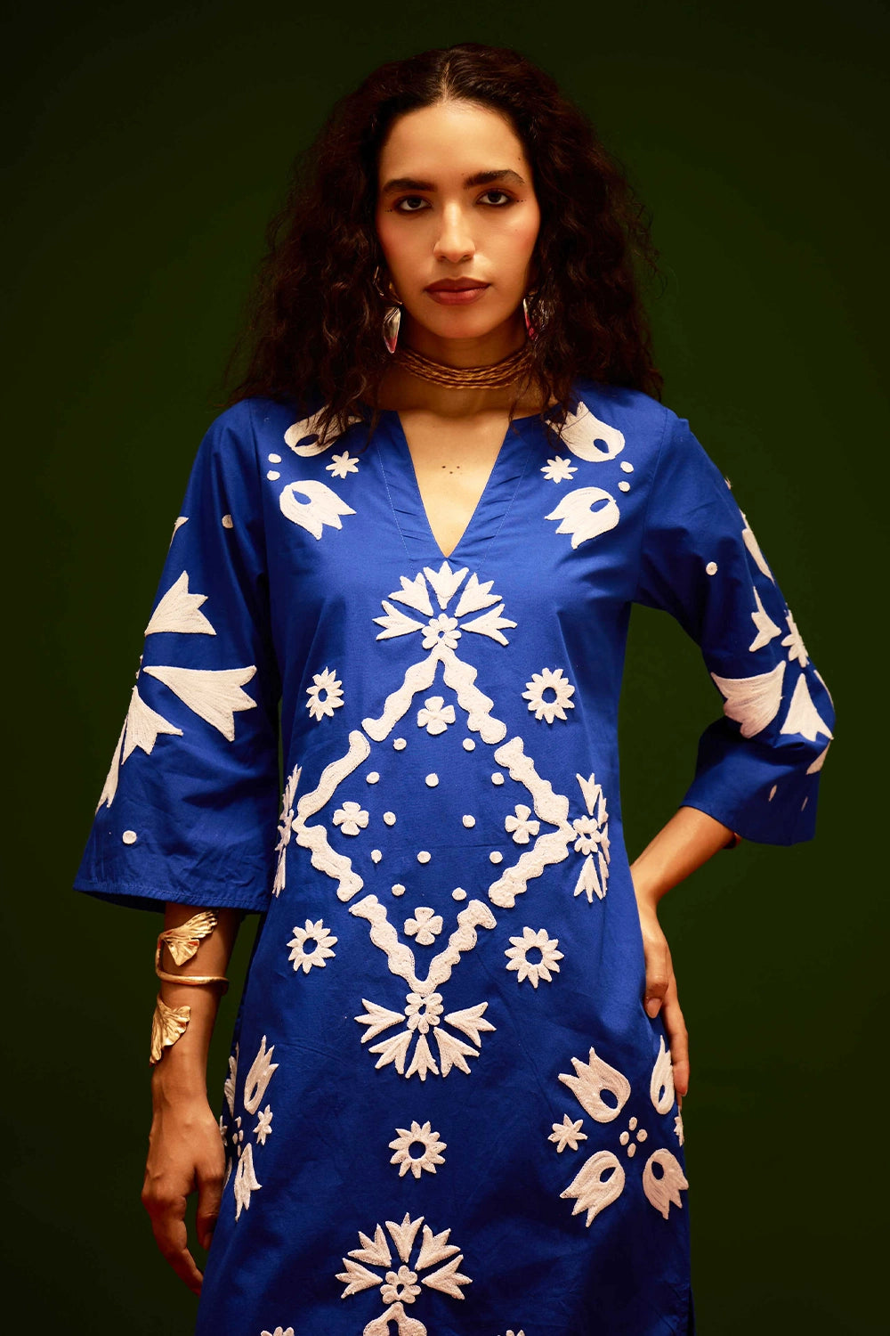 Blue Cotton Maxi Dress with Thread Embroidery