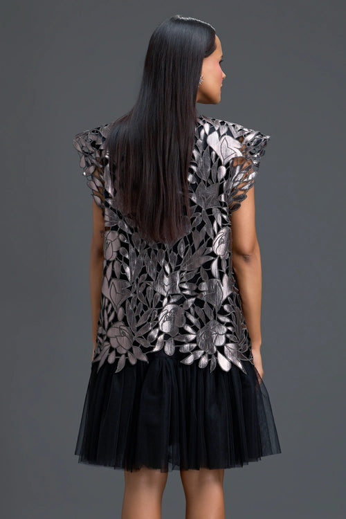 Black Tulle Dress with Metallic Floral Appliqué