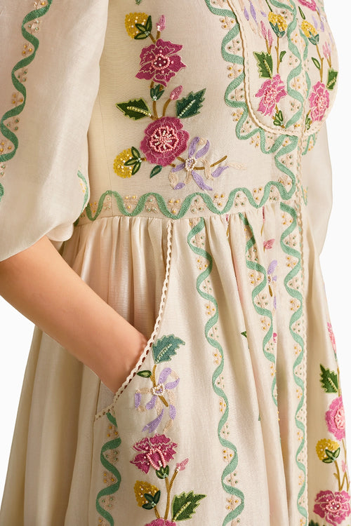 Ivory Floral Vines Midi Dress