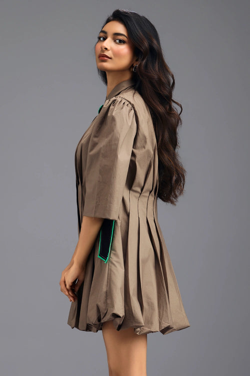 Mud Pleated Mini Dress