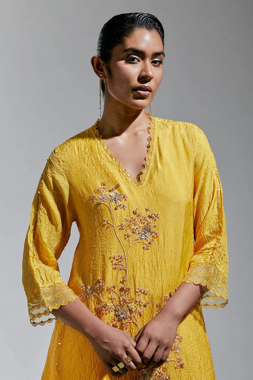 Amber Floral Embroidered Crushed Silk Kurta Set