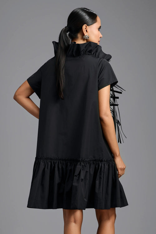 Black Sculptural Dress with Woven Leather Front Panel