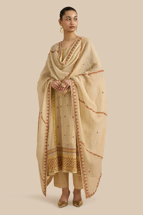 Kalidar Set Crafted With Chikankari Threadwork In Shades Red And Yellow