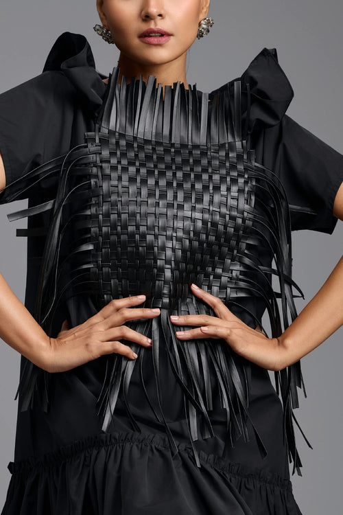 Black Sculptural Dress with Woven Leather Front Panel