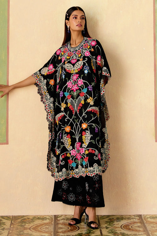 Black Floral Threadwork and Beadwork Kaftan