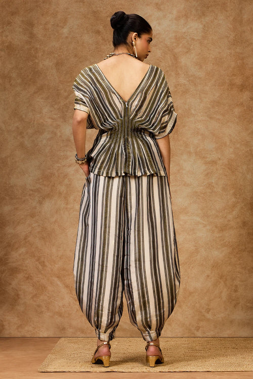 Olive Striped V-Neck Top And Pants Set