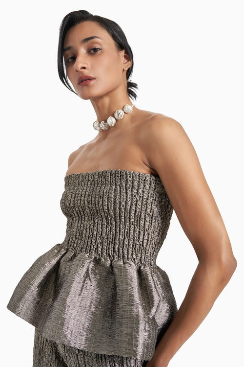 Silver Strapless Babydoll Top With Sculpt Pants