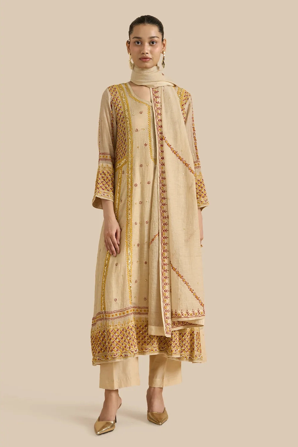 Kalidar Set Crafted With Chikankari Threadwork In Shades Red And Yellow