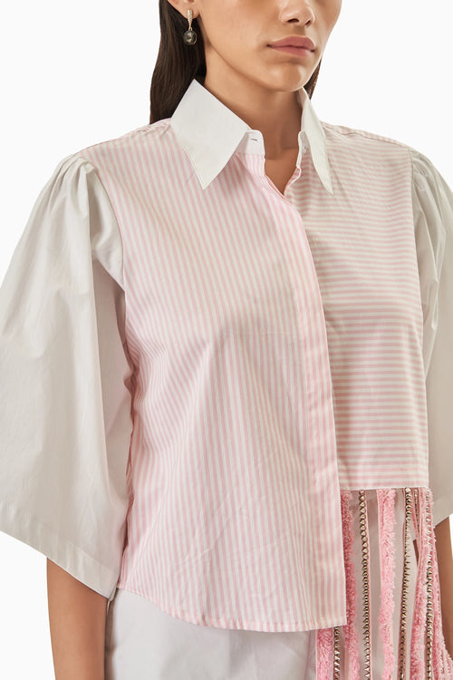 Cotton Pink Tassel Crop Shirt