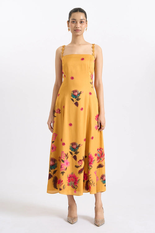 Mustard Blossom Strappy Midi Dress