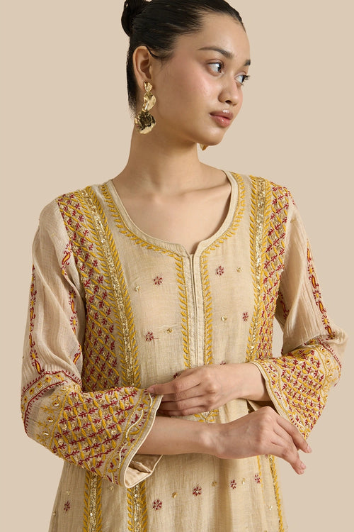 Kalidar Set Crafted With Chikankari Threadwork In Shades Red And Yellow