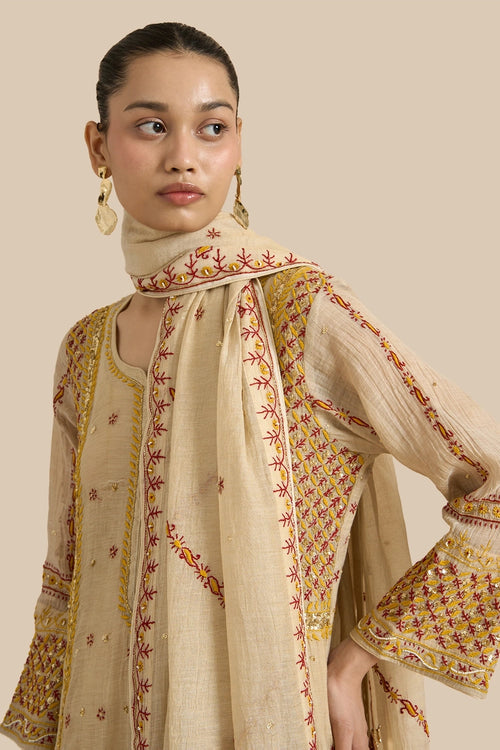 Kalidar Set Crafted With Chikankari Threadwork In Shades Red And Yellow