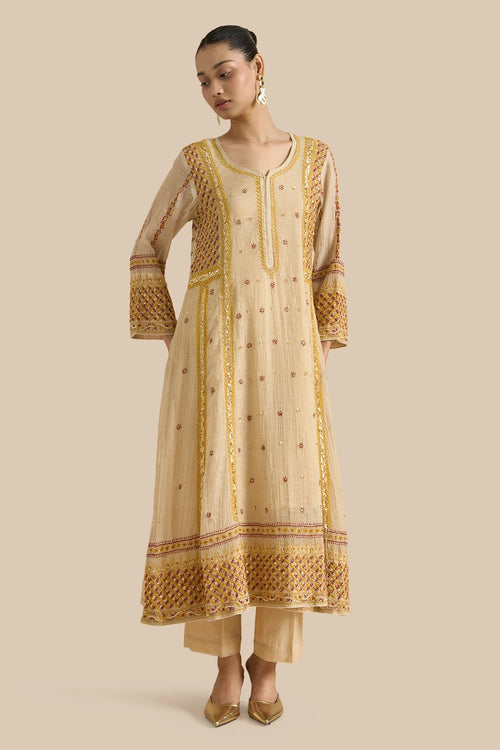 Kalidar Set Crafted With Chikankari Threadwork In Shades Red And Yellow