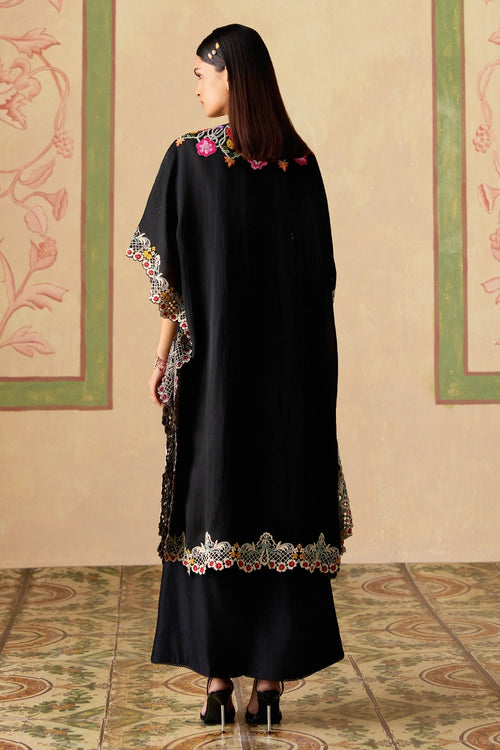 Black Floral Threadwork and Beadwork Kaftan