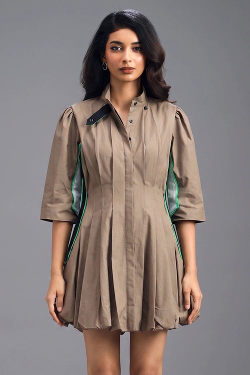 Mud Pleated Mini Dress