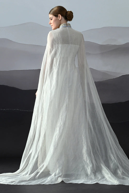 Ivory High Neck Gown With Handworked Panelled Embroidery
