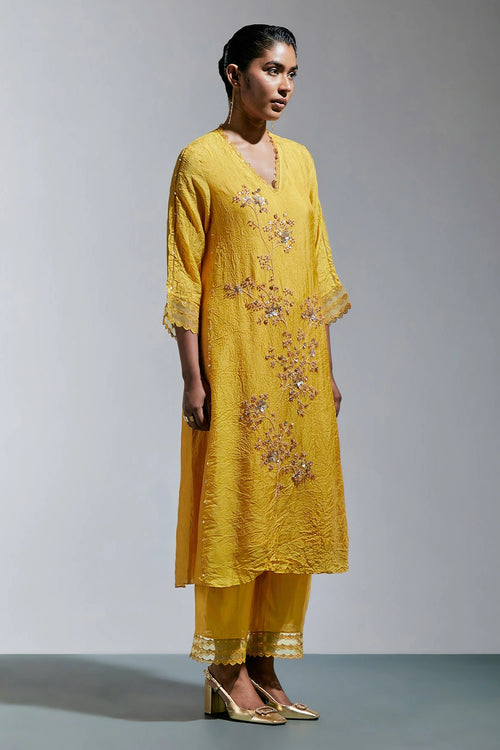 Amber Floral Embroidered Crushed Silk Kurta Set