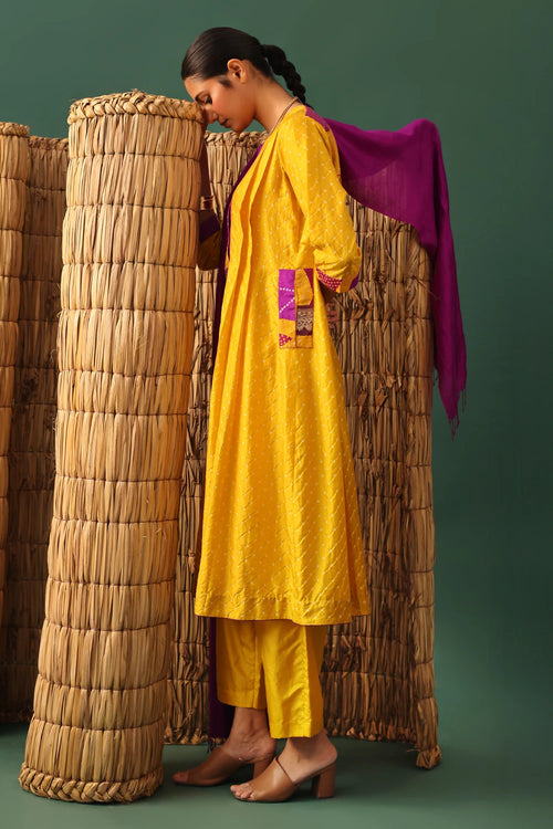 Mustard Patchwork Bandhani Suit Set