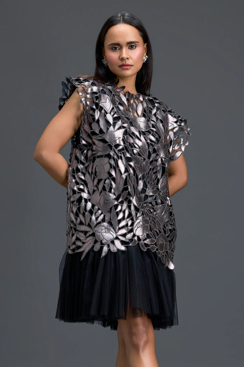 Black Tulle Dress with Metallic Floral Appliqué