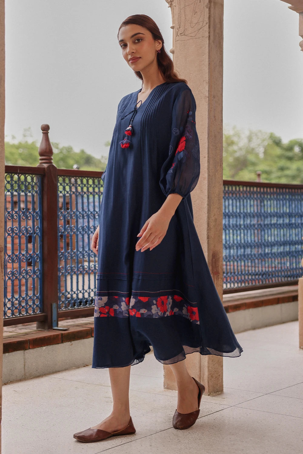 Indigo Bloom Pintuck Dress