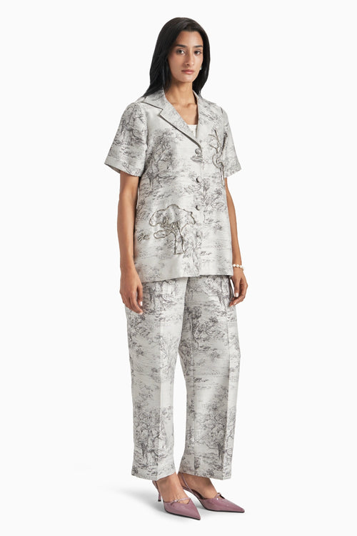 Grey Silk Jacquard Blazer And Pants Set